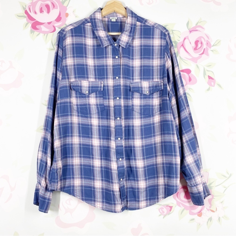 AERIE Blue Pink Checkered Checks Plaid Button Down Long Sleeves Shirt XL